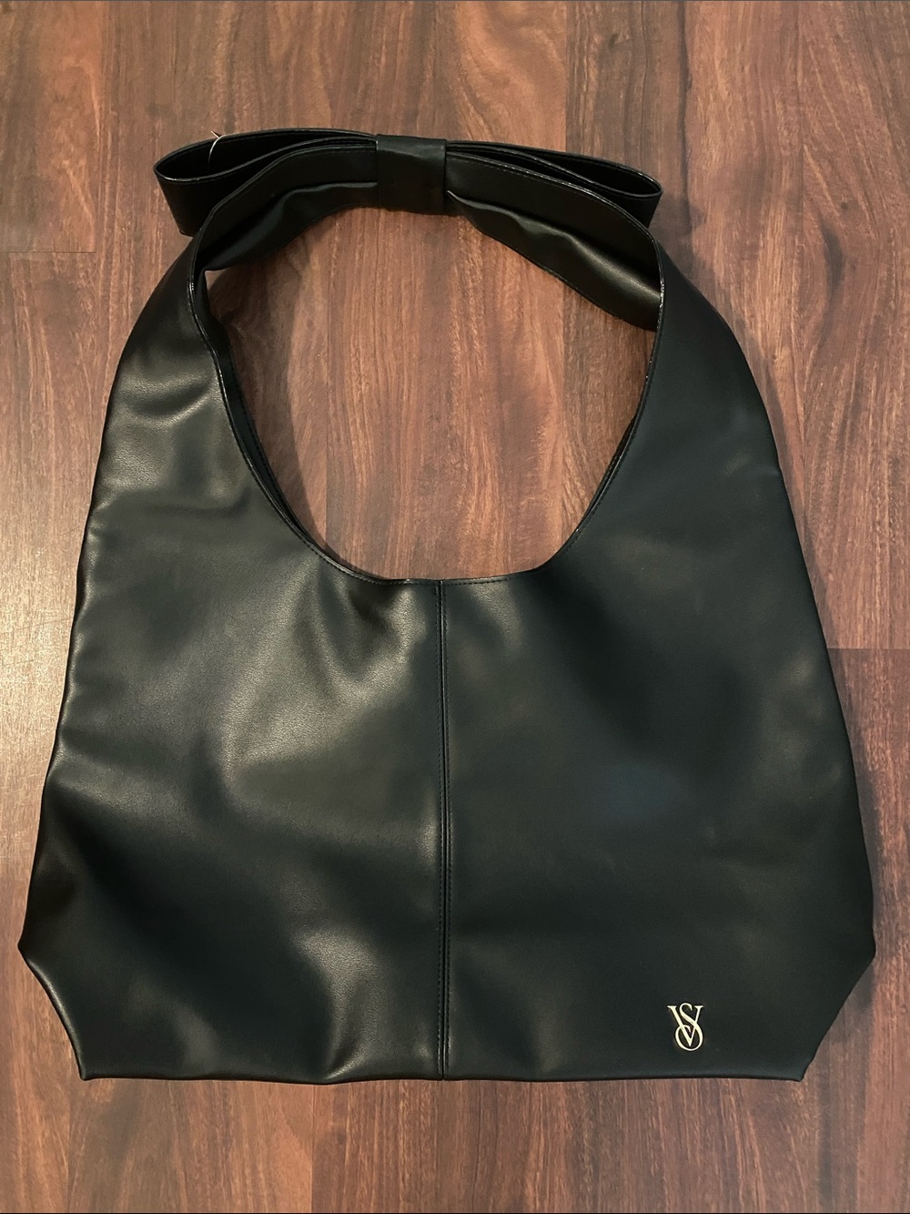 Victoria's Secret Black Vegan Leather Shoulder Tote with Logo Charm